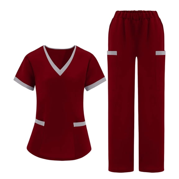 APEXFWDT Women's Scrubs Set Color Block Short Sleeve V Neck Top & Pants Work Uniform with Pockets