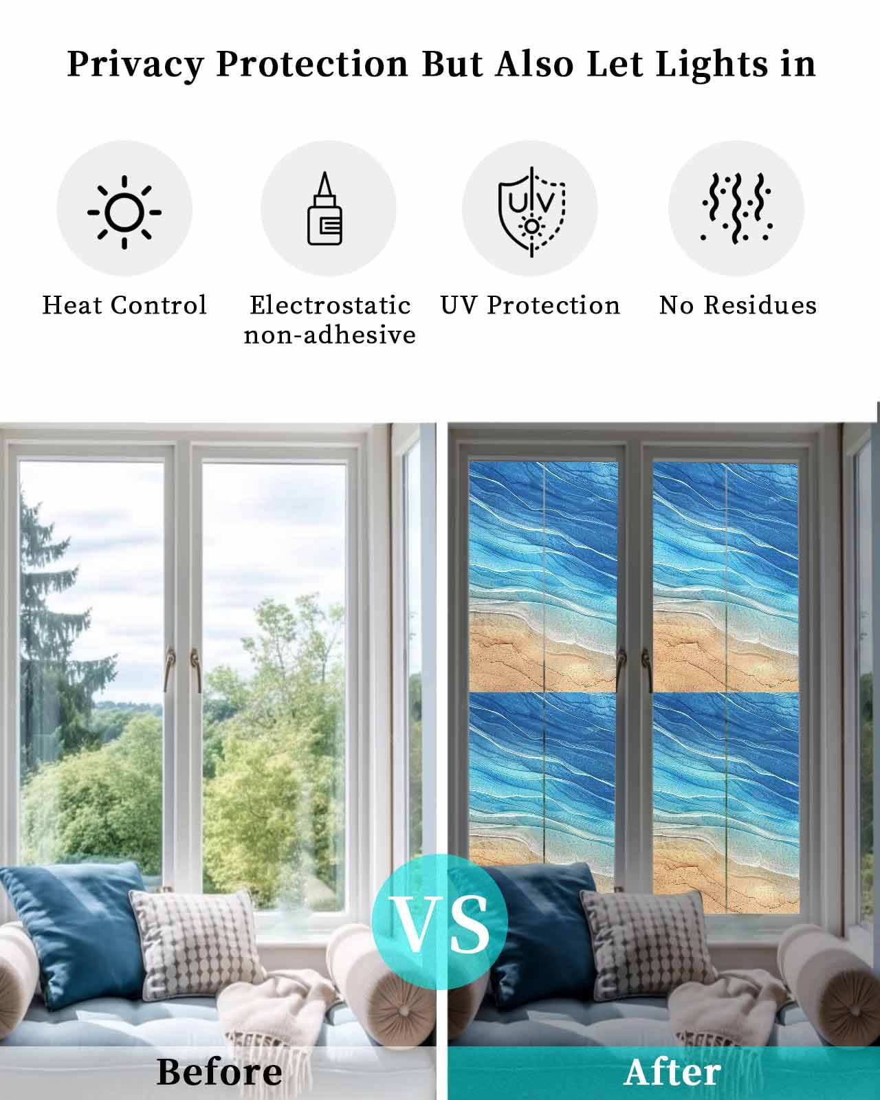 Window Privacy Film, Blue Ocean Ombre UV Sun Blocking Window Tint Film Heat Control One Way Blackout Window Film, Spring Summer Coastal Sea Wave Non Adhesive Static Cling Window Sticker 23.6x78.7 In