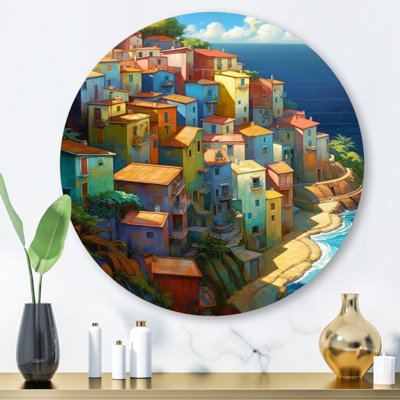 Designart "Azure Coastal Village" Modern Landscape Beach Metal Round Wall Art Prints