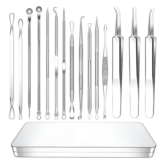 FACEGA Pimple Popper Tool Kit, 15 PCS Professional Stainless Steel Blackhead Remover Comedone Extractor Tools for Removing Zit on Face - Acne Removal Kit with Metal Case (Silver)