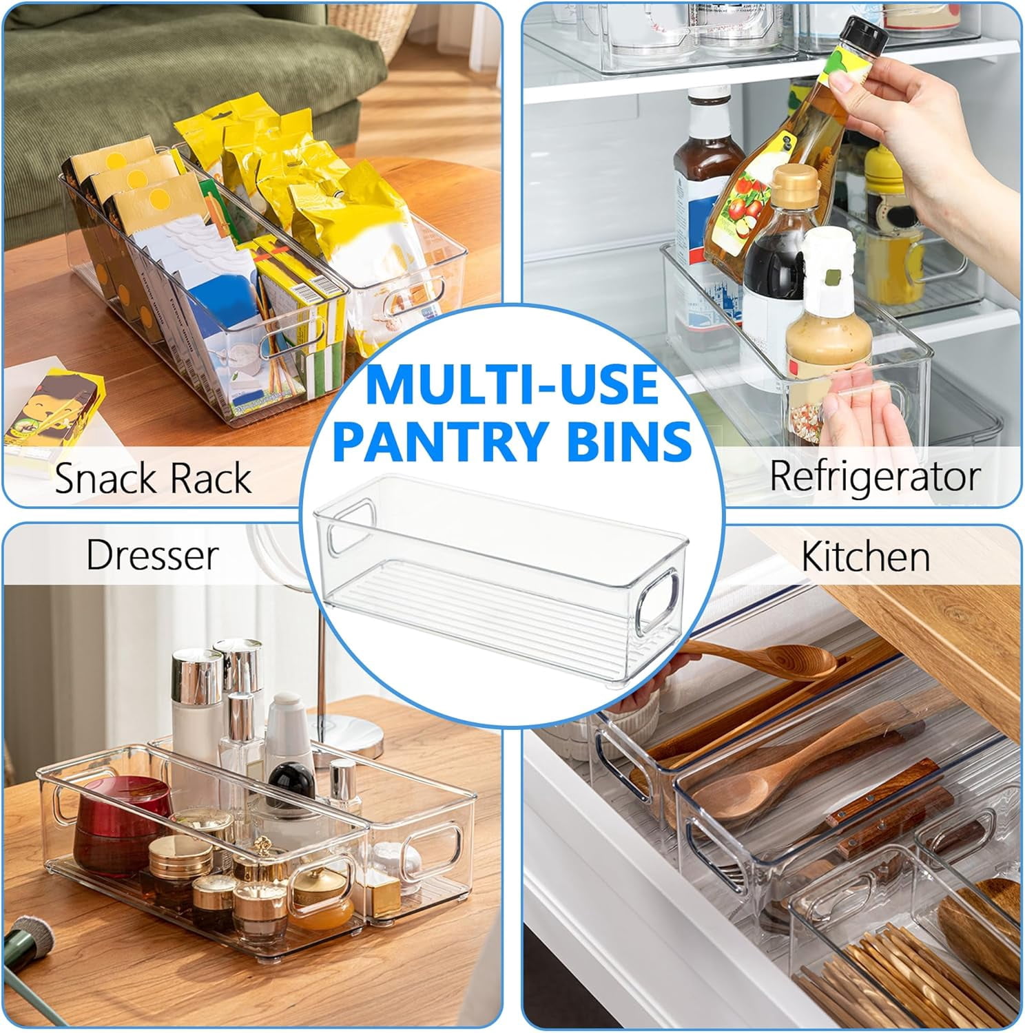 Plastic Storage Bins Organizing Containers:4pcs Fridge Organizer Bins,Clear Stackable Storage Bins with Handles,Organizing Bins for Kitchen,Pantry,Fridge,Shelf
