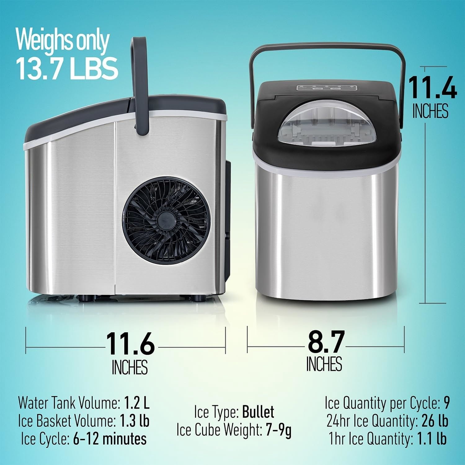 Compact Countertop Ice Maker, 26LBs in 24HRs, 9 Bullet Ice Cubes Ready in 6 Minutes, Lightweight and Portable with Handle, Ice Basket, and Ice Scoop, Stainless Steel
