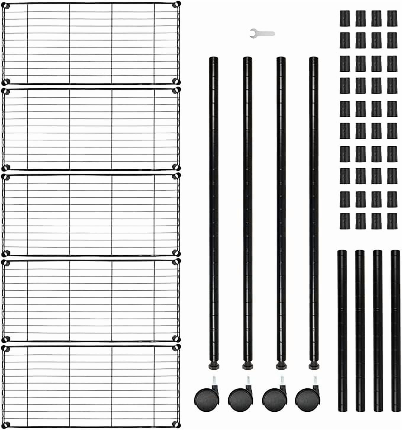 5-Tier Wire Storage Shelves, 30" D x 14" W x 63" H,1250 lb Load Capacity, Black,2-Pack