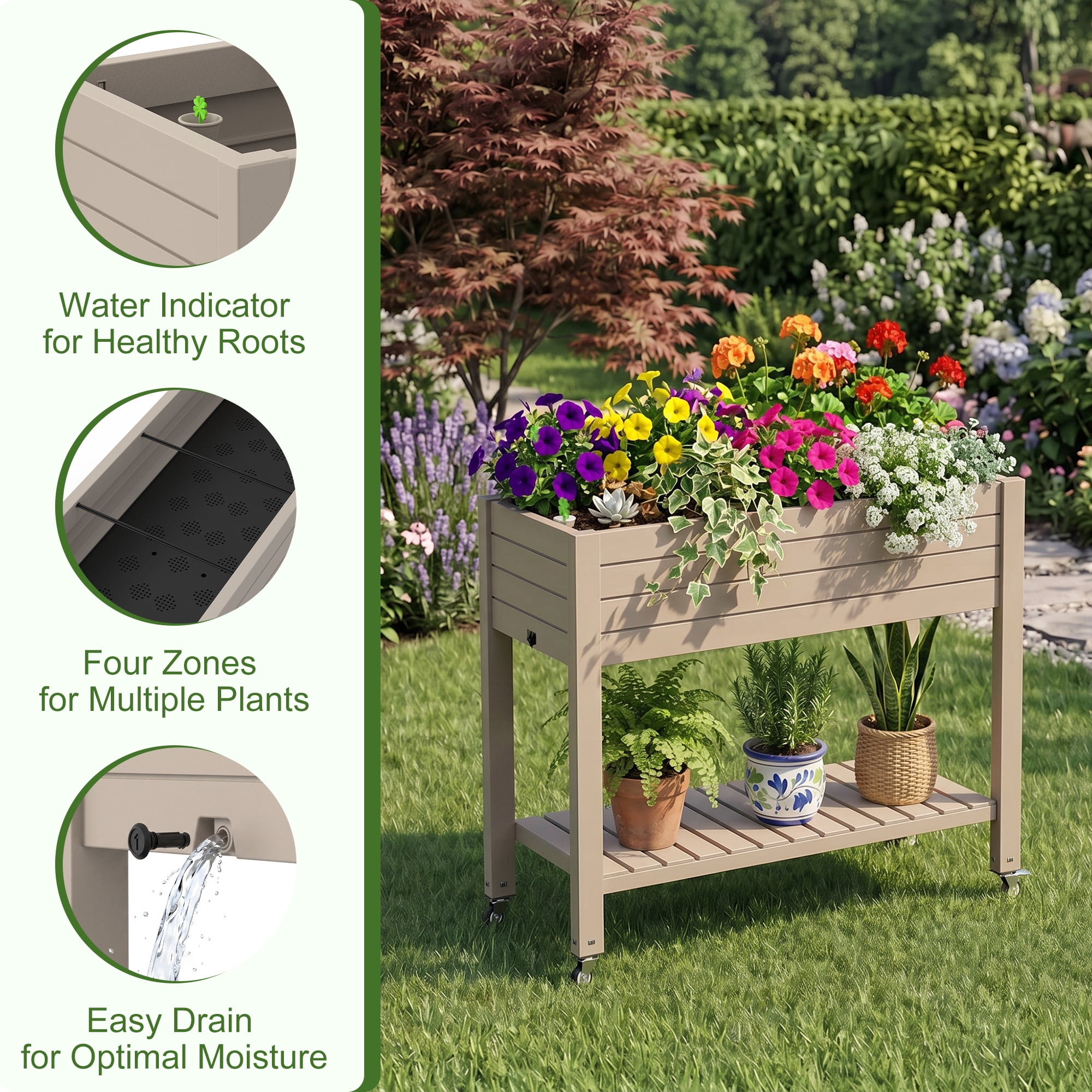 Joxxoaa Raised Garden Bed with Legs,Self-Watering Resin Planter Box with Lockable Wheels Drainage Plug and Gauge for Vegetables, Flowers, Storage Shelf for Tools and Accessories (Brown)