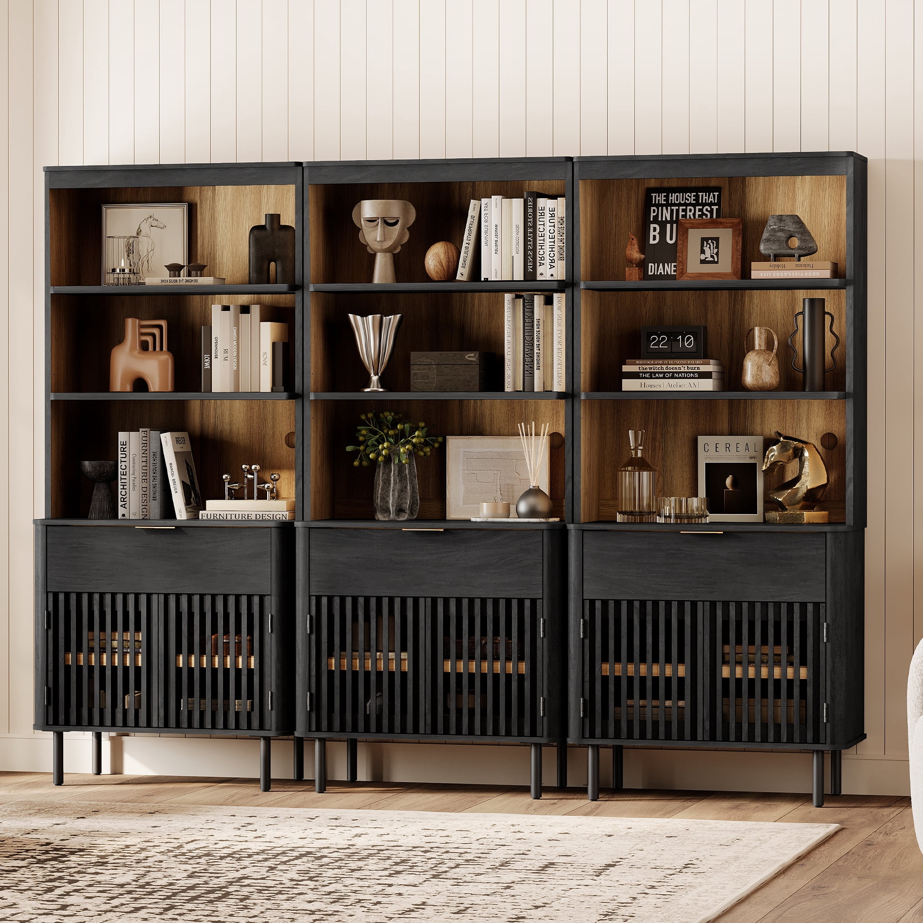 WAMPAT 72.8" Tall 5-Tier Bookshelf with Doors & Drawer, Modern Bookcase with Storage, Adjustable Shelves, Wood Storage Cabinet, Black, 3 PCS