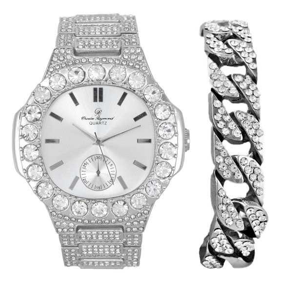Bigger is Better Oversized or Baguette Diamonds for The Luxurious King-Your Style! Your Choice!-Bling-ed Out Oblong Metal Mens Watch w/Cuban Bracelet- ST10316CE Cuban (Silver Silver)