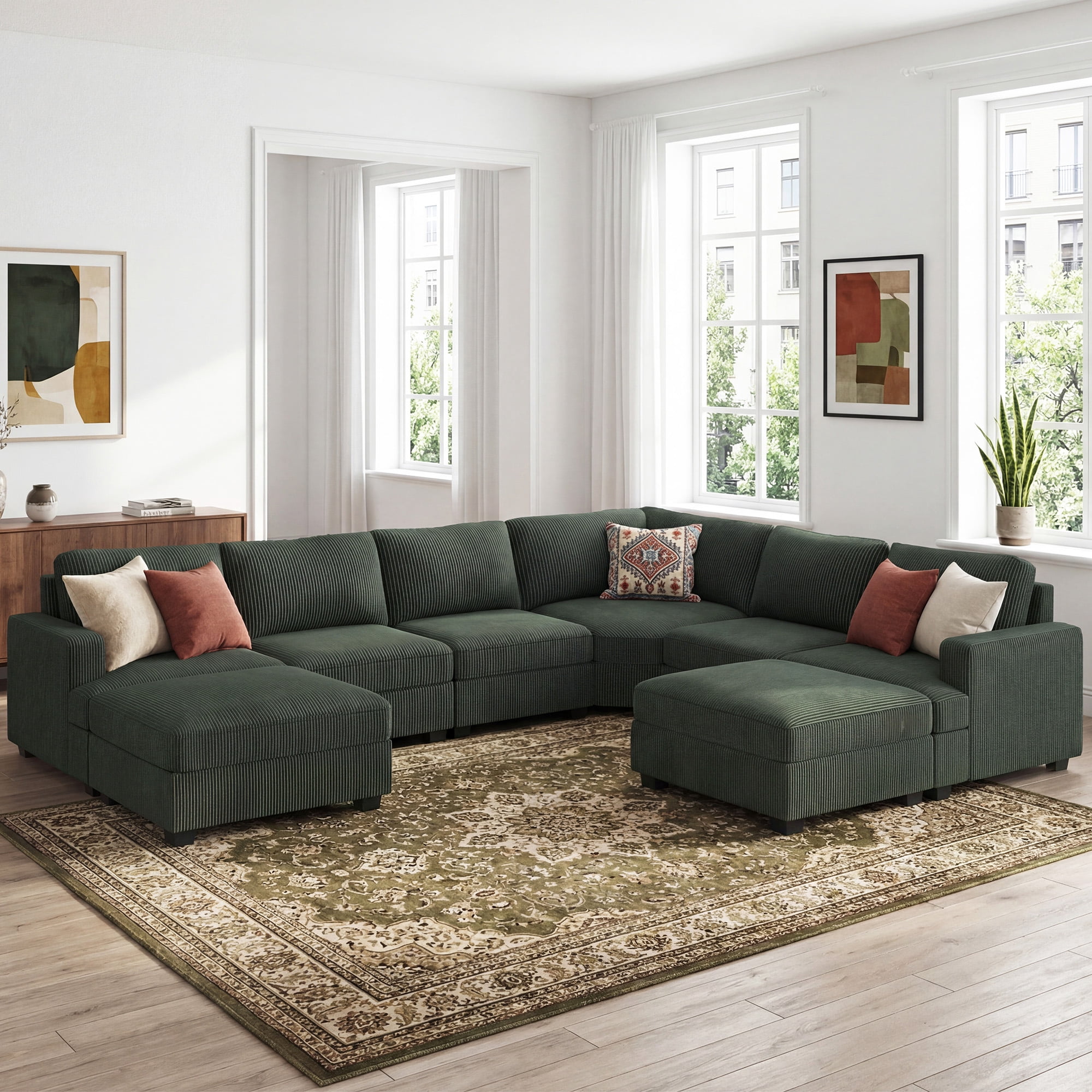 HONBAY 128.1" Modern Sectional Sofa Bed Couch U Shape Corduroy Sleeper Oversized with Storage Ottomans for Living Room, Green
