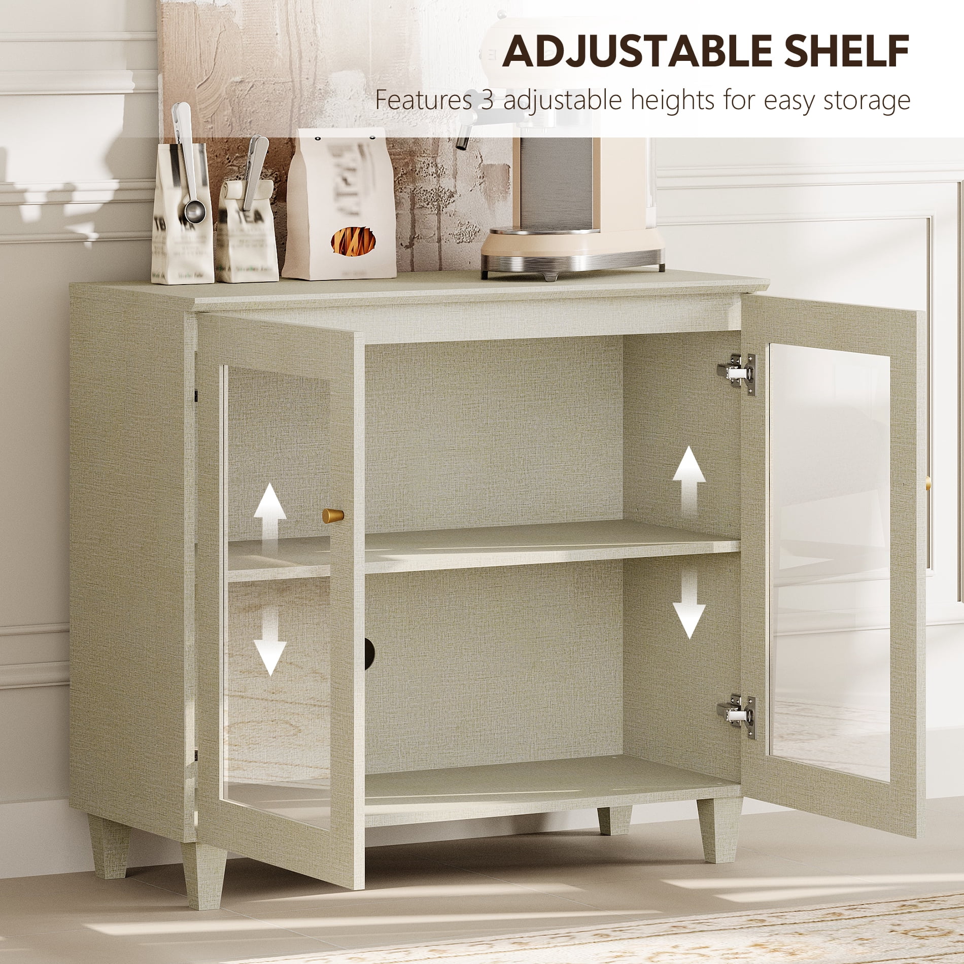 Modular Buffet Cabinet Sideboard With Glass Doors, Wide Drawers, Adjustable Shelves and Cable Management For Kitchen Dining Room, 142" W, Beige Wood
