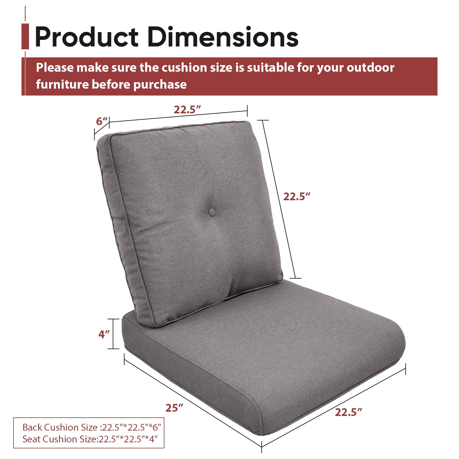 POCASSY Patio Furniture Cushions Set of 2, 22.5"*22.5" Outdoor Cushion for Patio Furniture, Water Resistant, Fade Resistant, Deep Seat Seat and Back Cushion for Chair, Sofa, and Couch, Gray