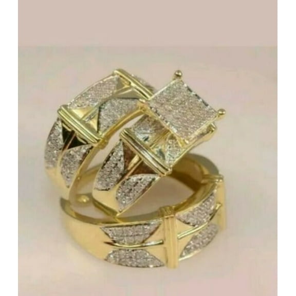 Rag Jewels 3.10 Ctw Round Cut White Diamond Wedding Anniversary His & Her Wedding Ring Trio Set Band Ring 14K Yellow Gold Plated 925 Sterling Silver 925 Sterling Silver -4.5