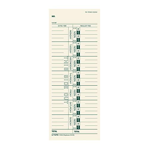 TOPS Time Cards, Weekly, 1-Sided, 3-1/2