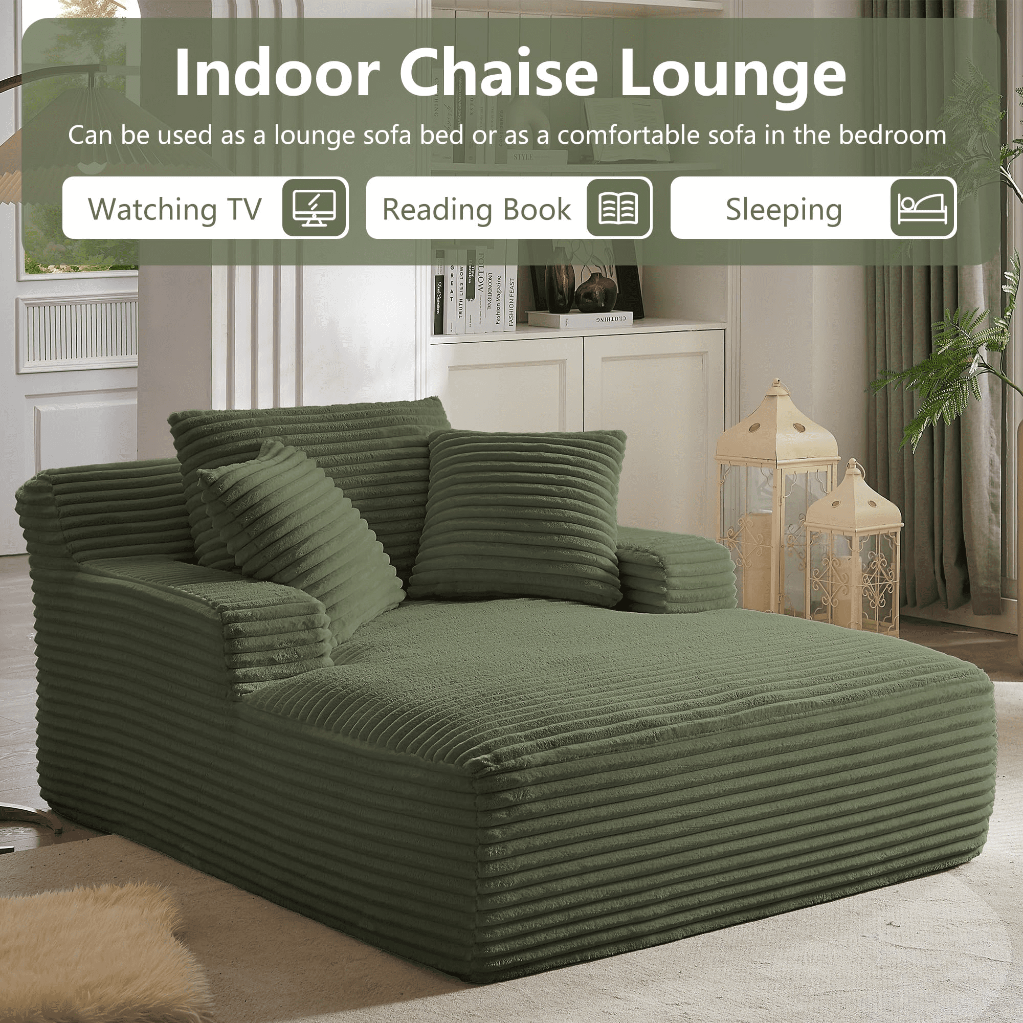 GNIXUU 50" Oversized Chaise Lounge Sofa Chair Indoor, Modern Corduroy Sleeper Sofa Cloud Couch with 3 Soft Pillows, Comfy Single Seat Floor Sofa for Living Room, Apartment, Office (Green)