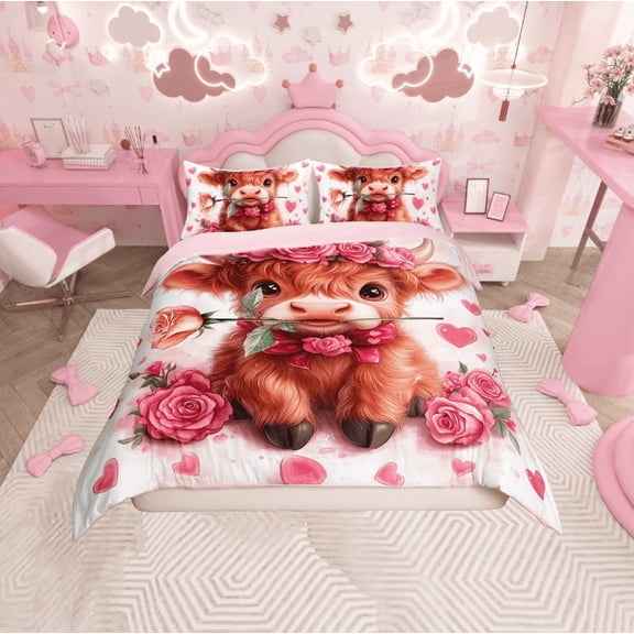 Erosebridal Cute Highland Cow Duvet Cover Twin, Pink Garden Rose Flower Bedding Sets Twin Size, Love Hearts Decor, Reversible 2 Pieces (No Comforter)