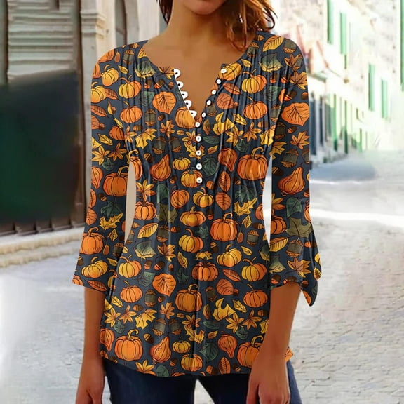 Jsaierl Womens Halloween Shirts Funny Pumpkin Ghost Graphic Tees Loose Fit V-Neck T-shirt 3/4 Sleeve Tunic Blouse Tops Halloween Gifts