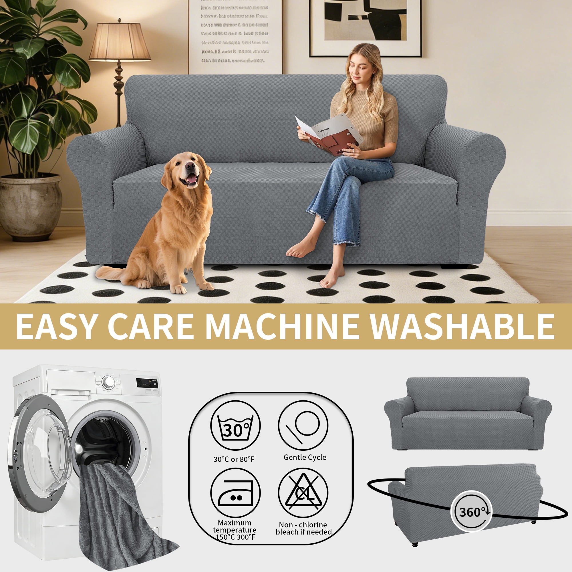 JIATER 1-Piece Sofa Cover Stretch Couch Cover Washable Sofa Slipcover Furniture Protector for 3 Cushion Sofa,Light Gray