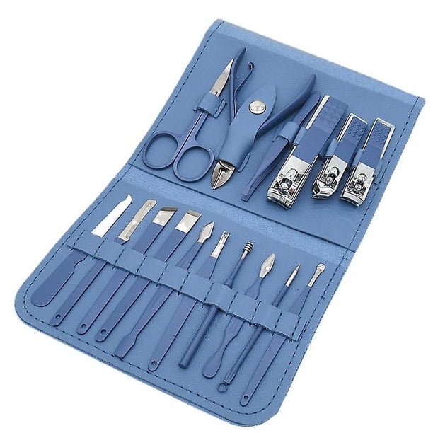 Juego de manicura, cortaúñas profesional, kit de pedicura, 16 piezas, herramientas de cuidado de uñas de acero inoxidable, kit de cuidado con lujoso estuche de cuero para viaje para uñas gruesas
