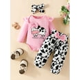thumbnail image 2 of Wassery Baby Girls 3Pcs Fall Winter Outfits Set 3 6 9 12 18 Months Infant Girl Pants Set Long Sleeve Cow Print Jumpsuits Long Pants + Headband Set, 2 of 6