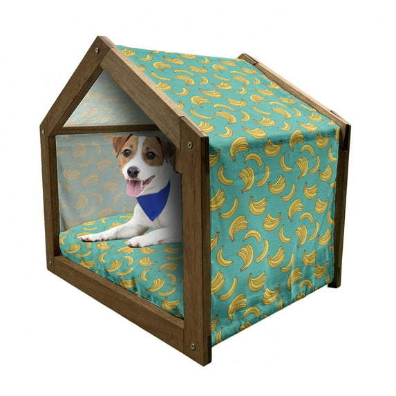 Yellow and Blue Pet House, Tropical Bananas Pattern in Vivid Tones Exotic Style Palm Summer Graphic, Outdoor & Indoor Portable Dog Kennel with Pillow and Cover, 5 Sizes, Teal Yellow, by Ambesonne