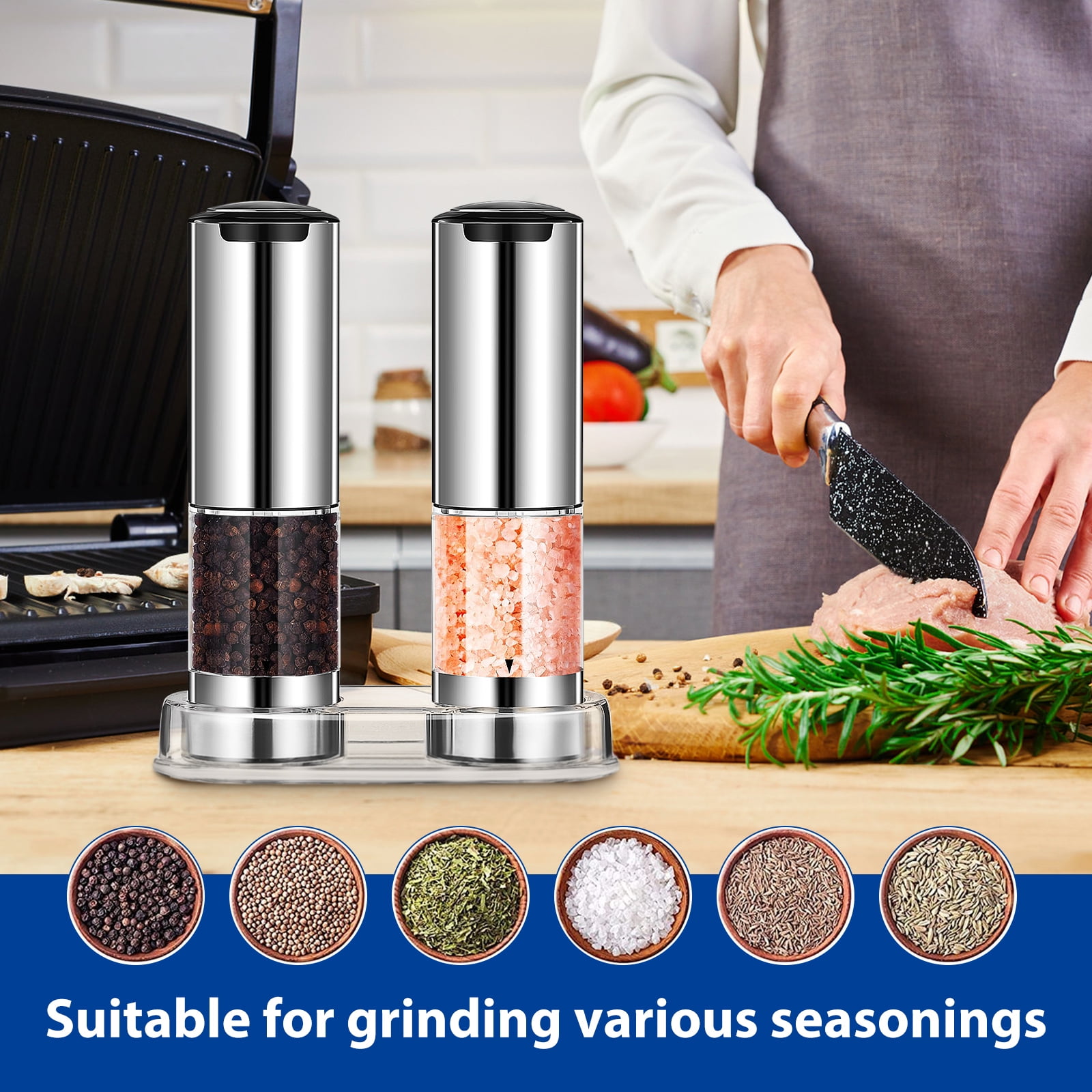 Electric Salt and Pepper Grinder Set, Automatic Pepper Mill Grinder w/Charge Base,Adjustable Coarseness
