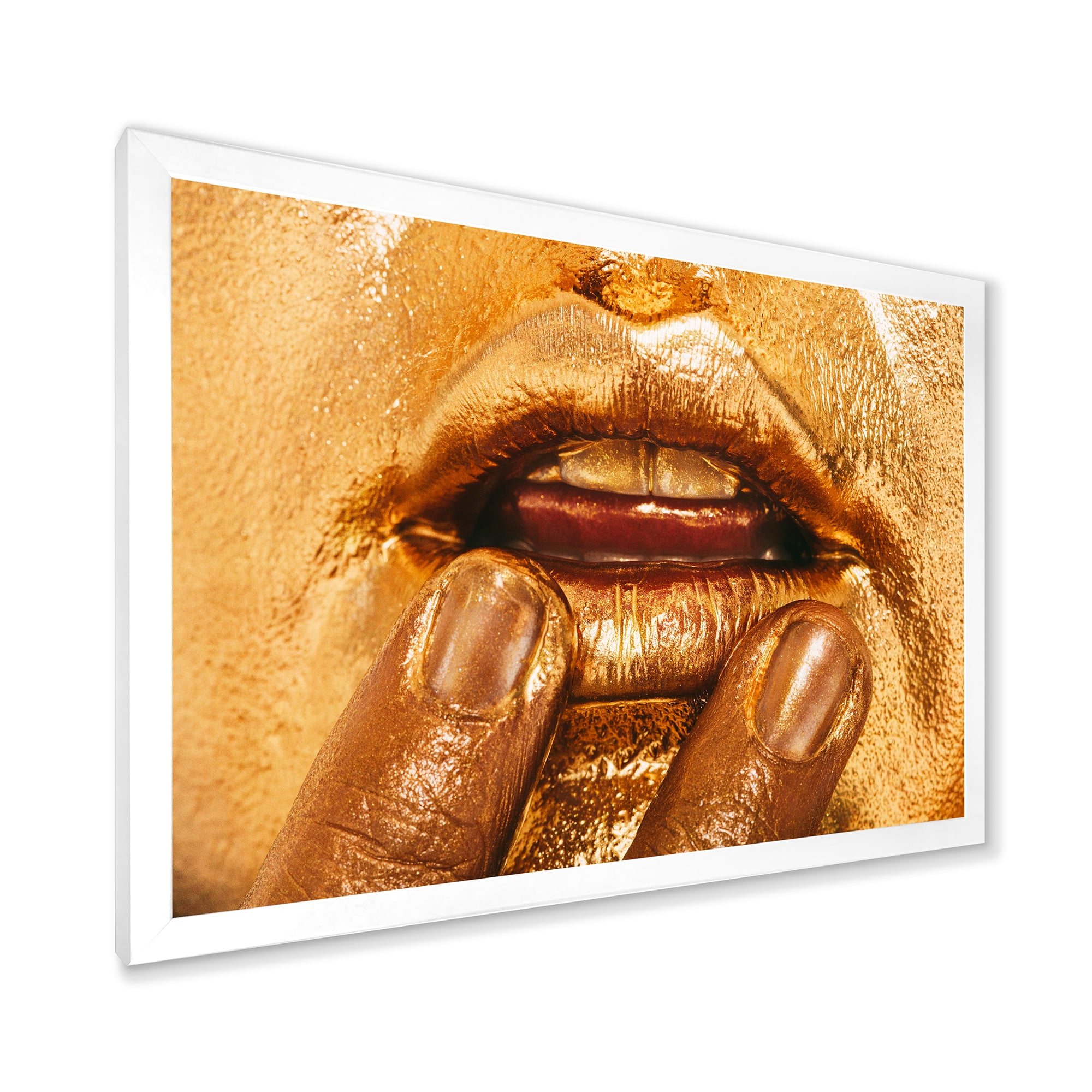 Designart 'Close Up Of Female Lips With Bright Golden Makeup i' Modern Framed Art Print