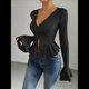 thumbnail image 5 of Camiseta Elegante de Larga con Cuello en V para Mujer, Otoño e Invierno, con Volantes, Corte Entallado y Mangas Acampanadas Negro M, 5 of 9