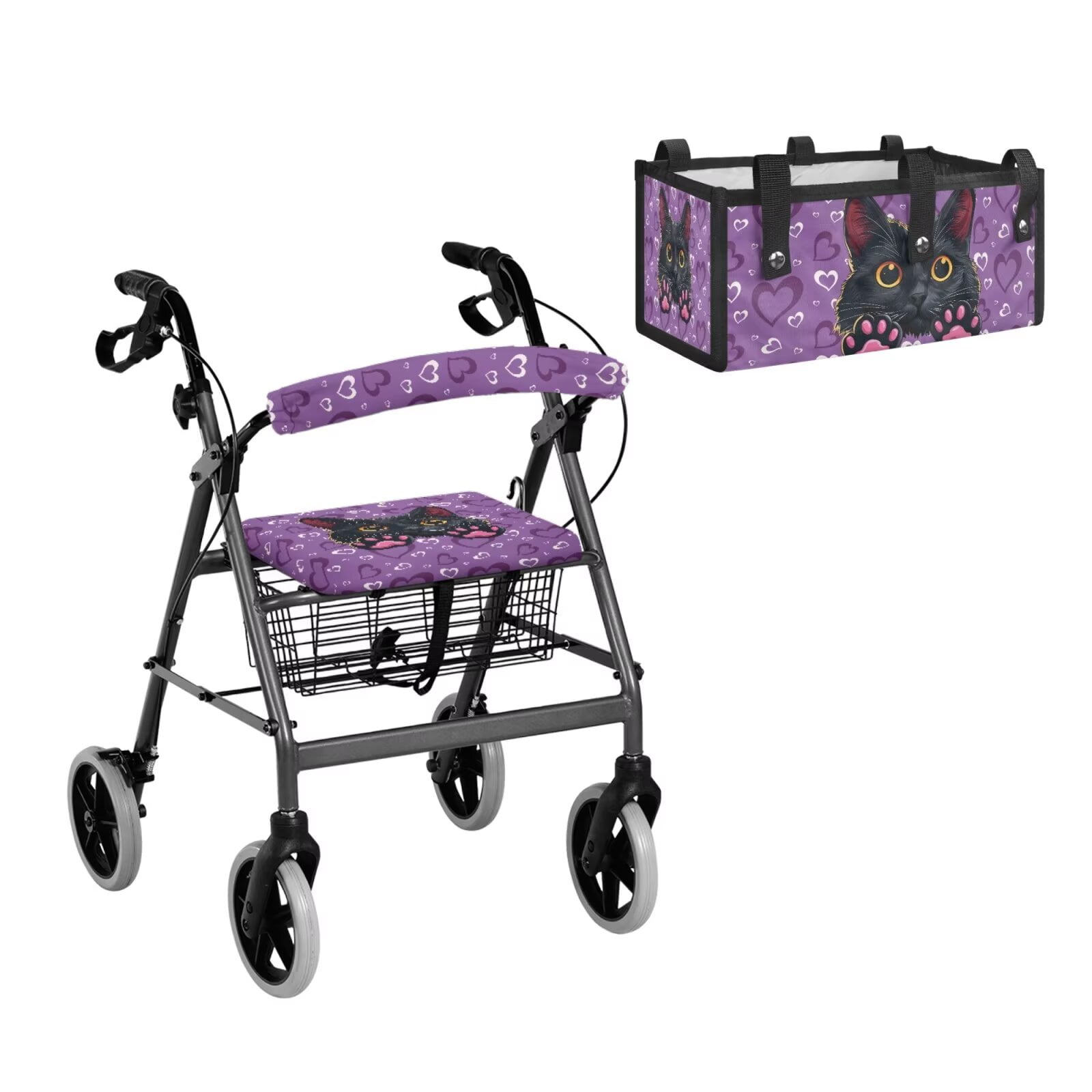 COEQINE Rollator Walker Seat and Backrest Covers with Storage Bag 3 Pieces Set, Universal Washable Rollator Walker Accessories Gifts for Seniors Ladies, Cute Cat Heart Purple