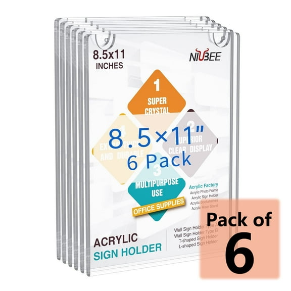 NIUBEE Acrylic Sign Holder 8.5 x 11,Acrylic Sign Holder for Wall, Clear Vertical Sign Holder, Wall Mounted Design, Display Stand Support No Drilling,6 Pcs