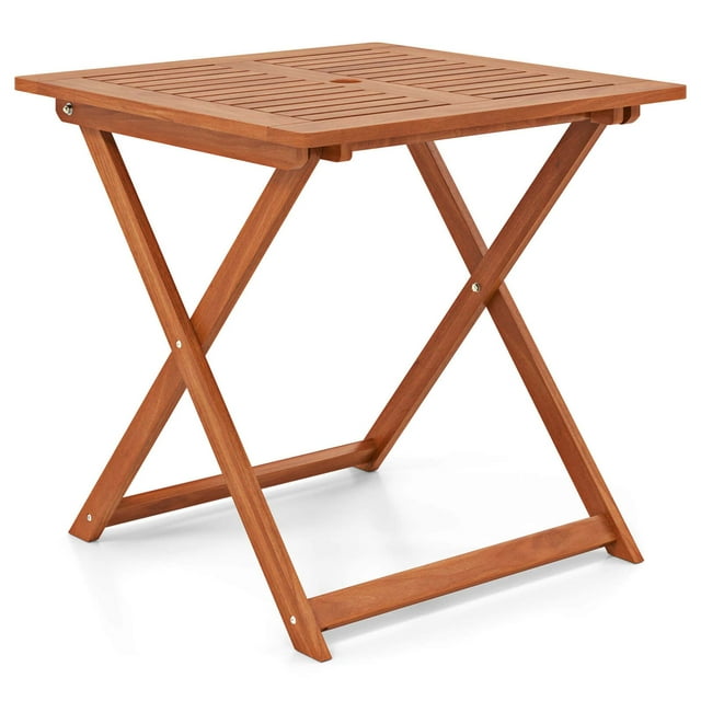 Costway 1 PCS 29.5" x 29.5" Patio Dining Table with Teak Painting 2" Umbrella Hole for Balcony