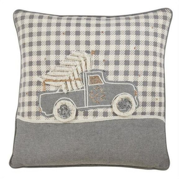 Saro Lifestyle 8061.GY18SC 18 in. Plaid Christmas Truck Design Pillow Cover, Gray
