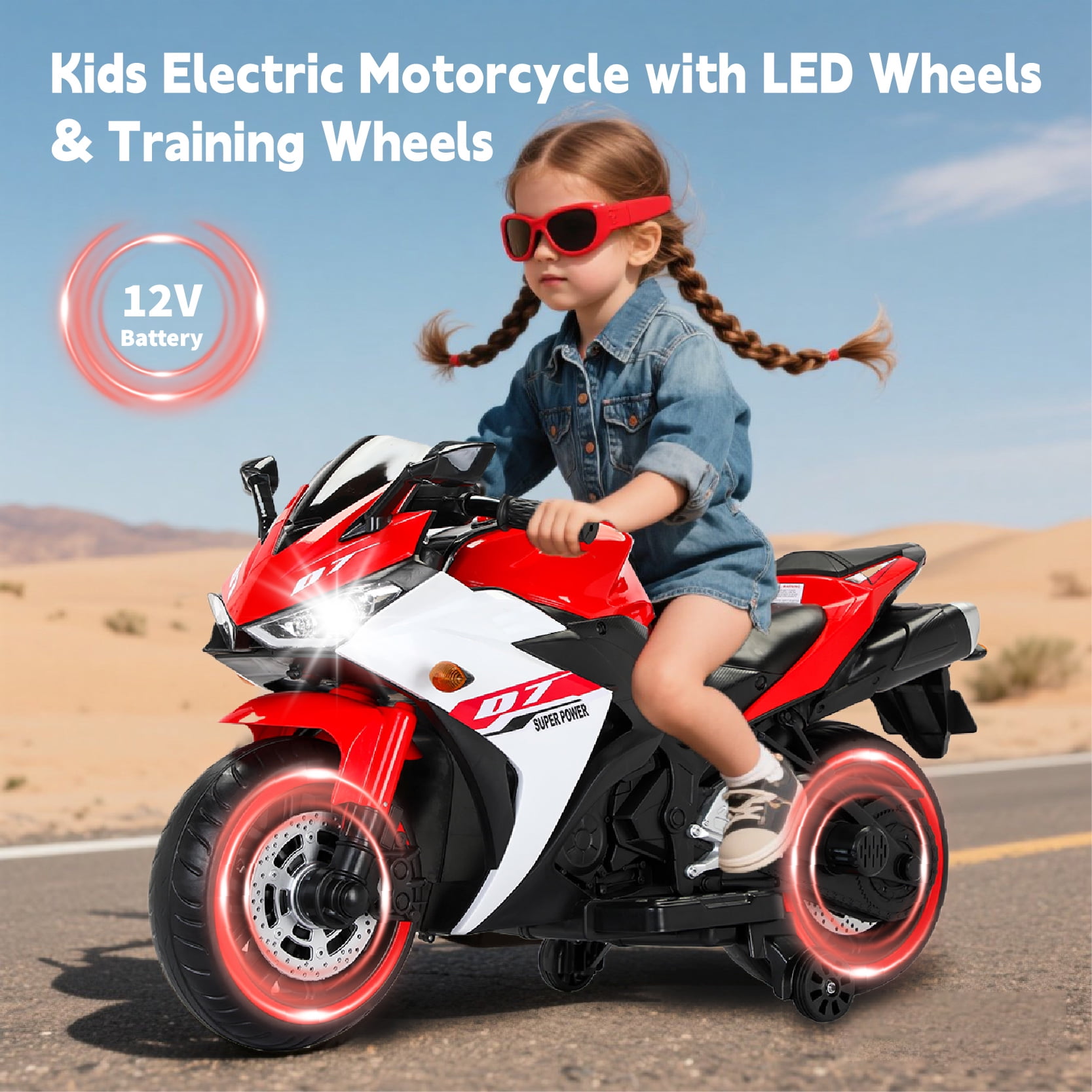 12V Kids Electric Motorcycle Ride-On Toy with LED Light-Up Wheels & Training Wheels, Manual Throttle, Built-in Music, Bluetooth, and USB Port - Gift for Boys Girls Ages 3-6 (Red)