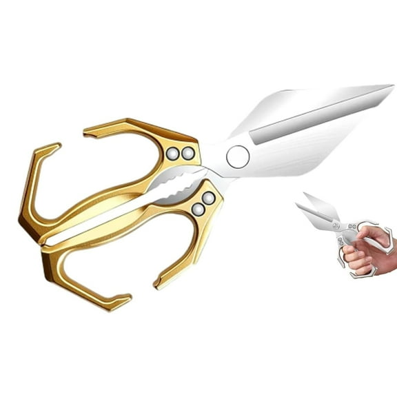 Seattleget Multifunctional Heavy-Duty Kitchen Shears, Poultry Scissors Heavy Duty Cut Bone, New 2 in 1 Ergonomic Kitchen Scissors for Cutting Roots and Chicken, Duck, Fish ＆ Slicing Walnuts Gold