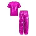 thumbnail image 3 of Xnihocha Kids Girls Metallic Jazz Dance Outfit Short Sleeve Sparkly T-shirt and Pants Shiny Hip Hop Dancewear Hot Pink 130, 3 of 7