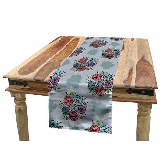 Floral Table Runner, Abstract Bouquet of Flowers with Swirls Leaves on Splashed Paint Effect Background, Dining Room Kitchen Rectangular Runner, 3 Sizes, by Ambesonne