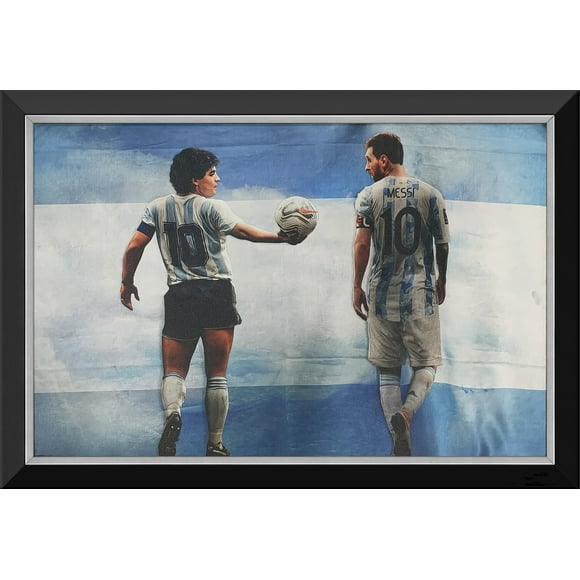 Lionel Messi & Diego Maradona Argentina Framed Canvas – Legendary Soccer Icons Wall Art Display (33.5" by 23.5")