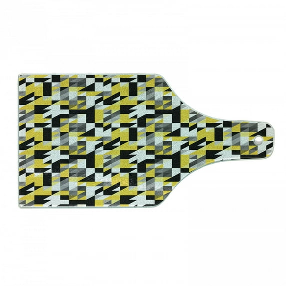 Yellow and White Cutting Board, Geometric Design with Triangles Squares and Houndstooh Inspiration, Tempered Glass Cutting and Serving Board, Wine Bottle Shape, Yellow Grey Black, by Ambesonne