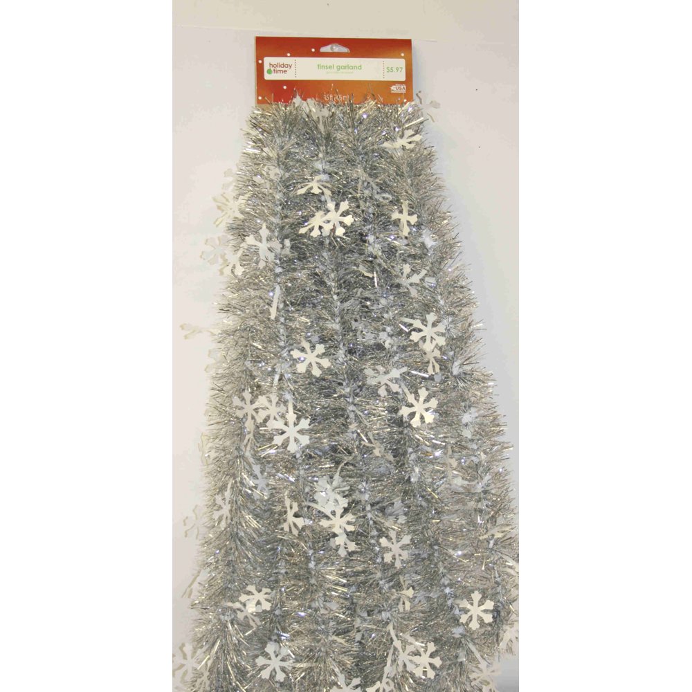 Holiday Time Tinsel Garland, White Snowflakes with Silver Center