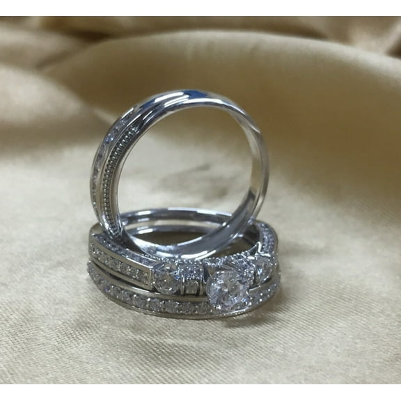 Silver & Stone Jewels 14K White Gold Finish Silver Round Cut Cubic Zirconia His & Her Trio Ring Set