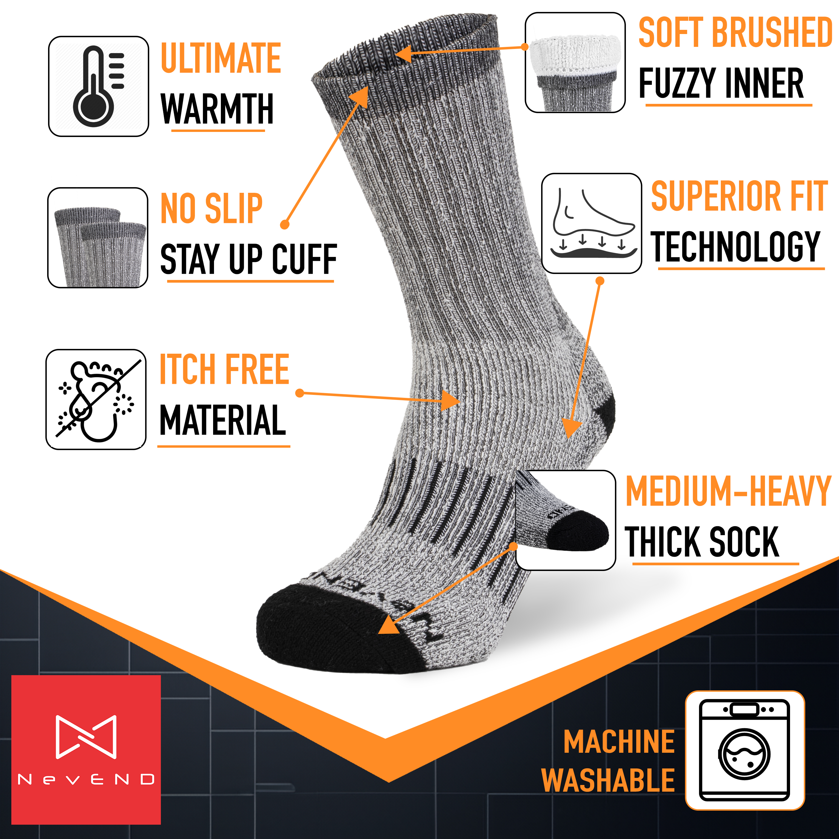 NevEND Men's Merino Wool Thermal Crew Socks, 3-Pair photo 3