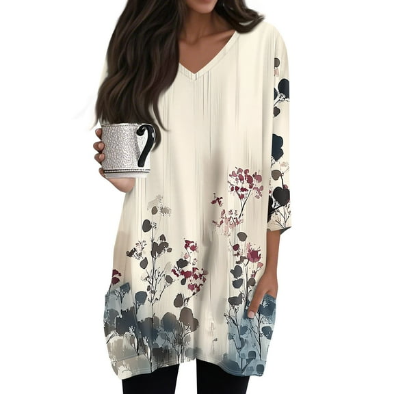 WTOBBY Women's Fashion Casual Retro Floral Print V-Neck Mid-Length Tunic Tops with Pockets, 3/4 Sleeve Blouses, Comfortable and Functional Shirt,Beige L