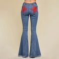 thumbnail image 2 of Women's Star Patchwork Bell Bottom Jeans Mid High Waist Bootcut Flare Stretch Denim Pants Casual Slim Fit Frayed Hem Blue, 2 of 7