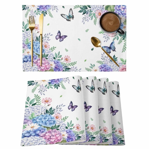 Placemats Set of 6, Spring Flowers Woven Placemat, Linen Place Mats for Kitchen/Dining Tables, Watercolor Floral Butterflies Botanical Washable Table Mats for Party