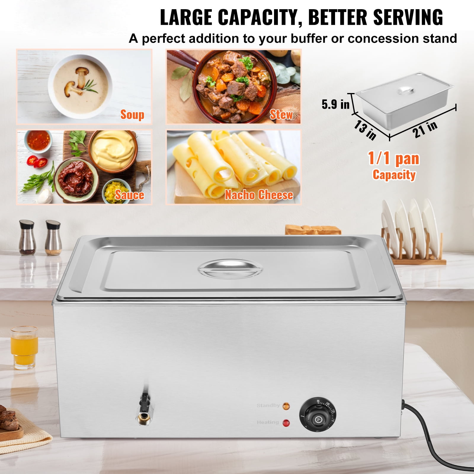 KFFKFF Professional Food Heating Station, 19QT Single Electric Steam Counter, 1200W, Stainless Steel Buffet Server with Temperature Adjustment 86-185°F for Event Catering, Silver