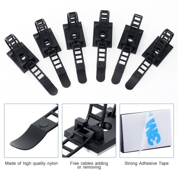 100 piezas de bridas adhesivas ajustables para cables, clips para cables de nailon autoadhesivos, clips adhesivos para gestión de cables para gestión de cables