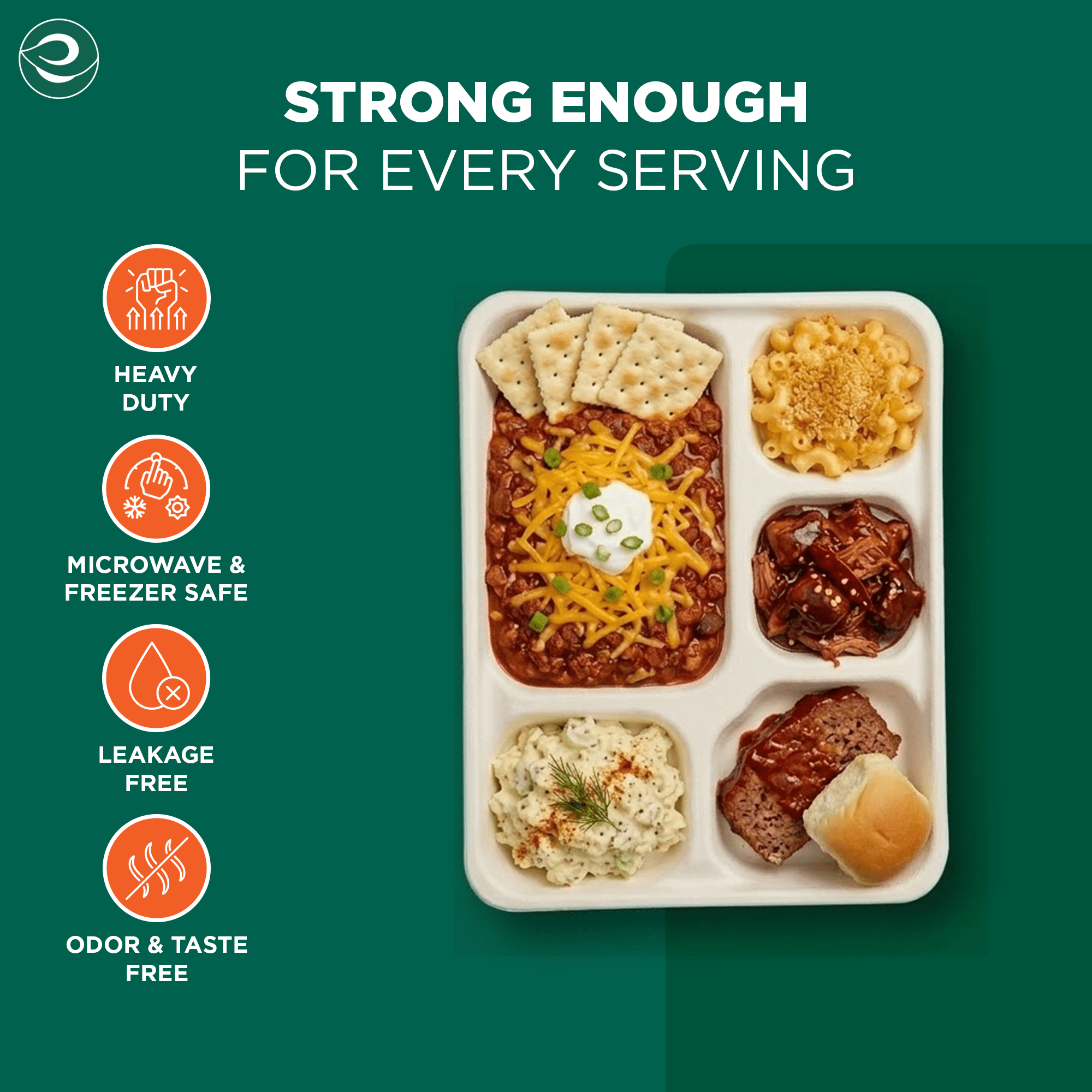 Compostable Bagasse - 5 Compartment Meal Tray 28 × 22 cm (11” x 8.6”), 24 Count