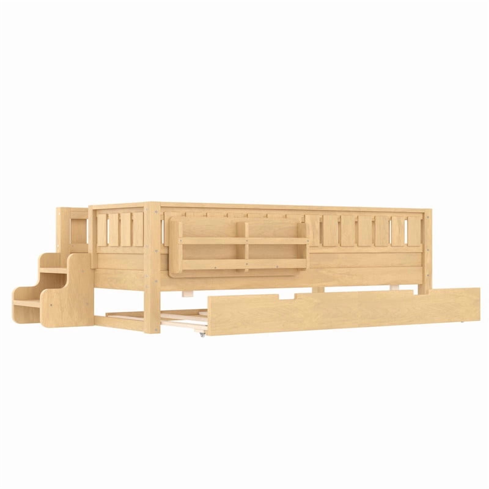 Twin Size Low-Profile Kid's Platform Bed with Built-in Bookshelves & Small Staircase, Wooden Bed Frame with Safety Rails & Trundle