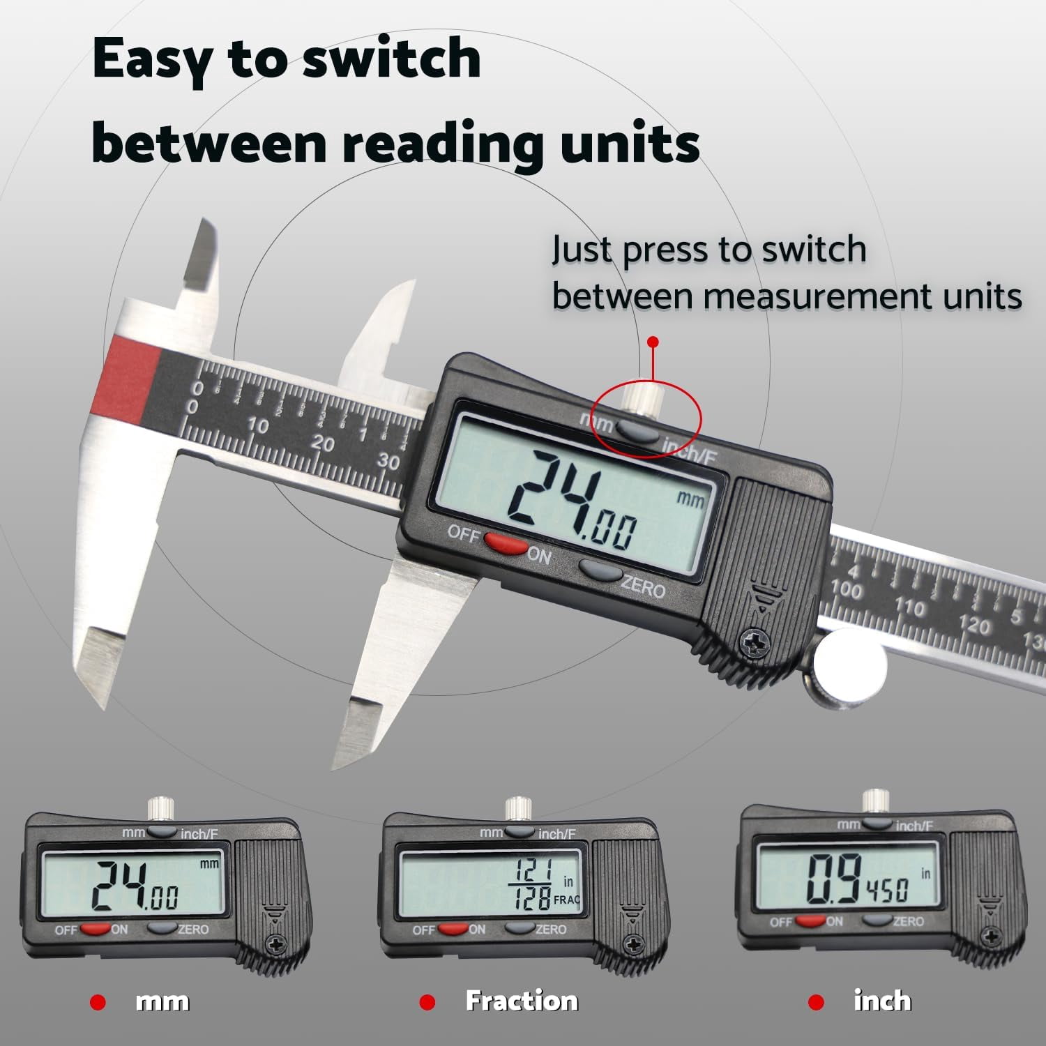 Digital Caliper, Caliper Measuring Tool 6 inch, Micrometer Caliper Digital, Stainless Steel Calipers to Measure Inch Fractions Millimeter with Auto-Off by