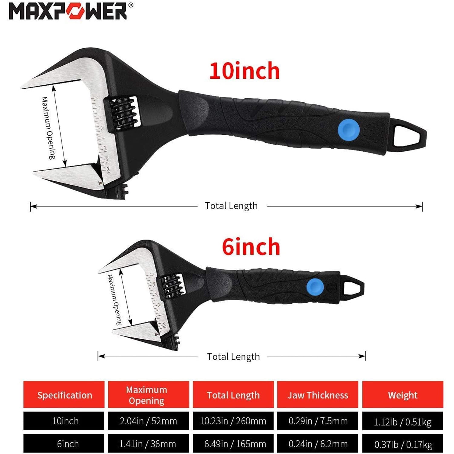 MAXPOWER Heavy Duty Large Opening Adjustable Wrench,6 and 10 Inch Plumbing Wrench