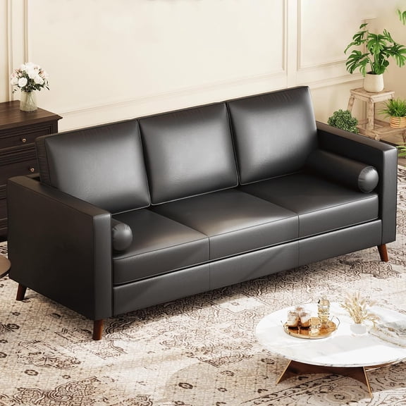86" Leather Sofa for Living Room, Mid-Century Modern Sofa with Deep Seats, Brown Faux Leather Sofa, 3 Seat Sofa with Removable Cover for Apartment