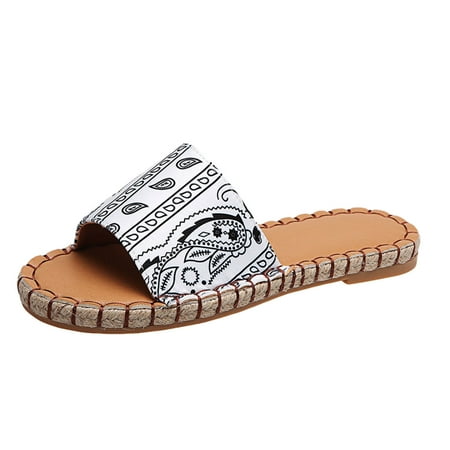 

Comfortable Sandals for Women Women s Fashion Printed One-floor Tow Hemp Rope Flat-Bottom Large Size Slippers Cloth