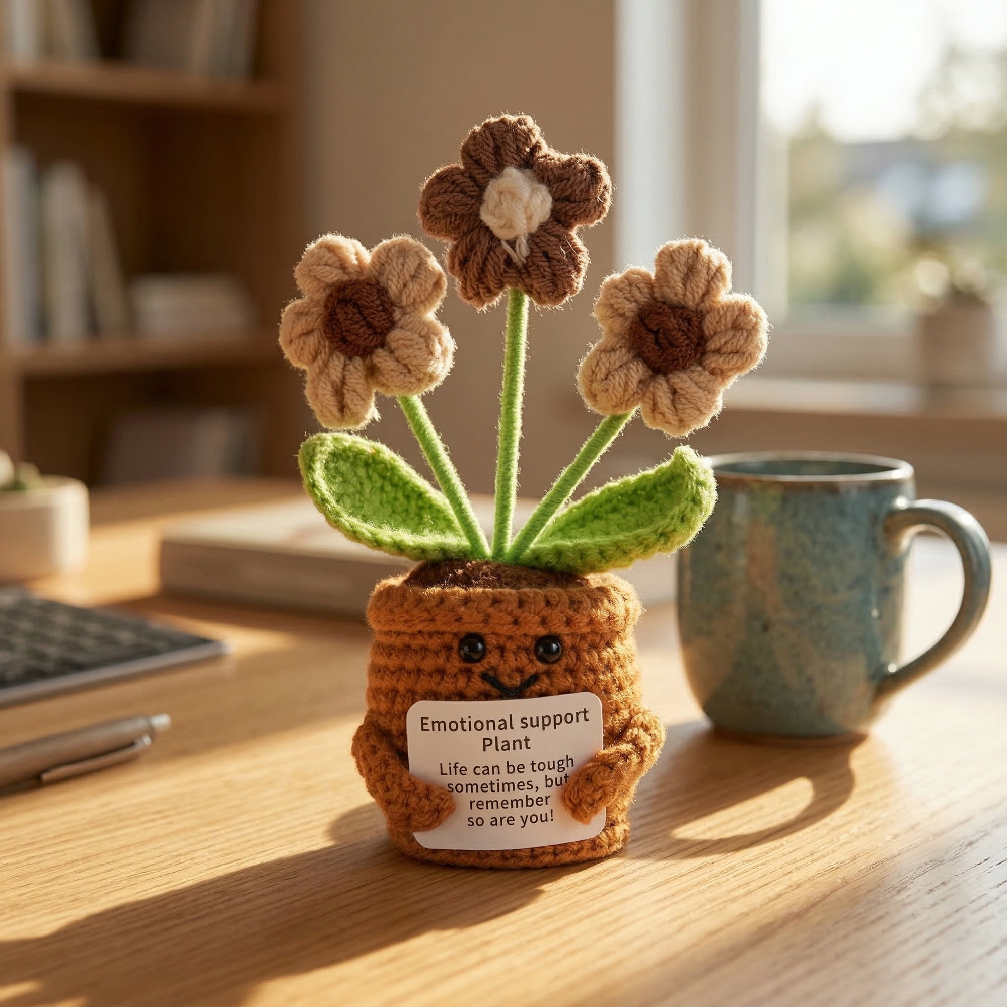 Unique Bargains 2Pcs Handmade Crochet Potted Knitted Plant Small Yellow Brown Red 4.3in
